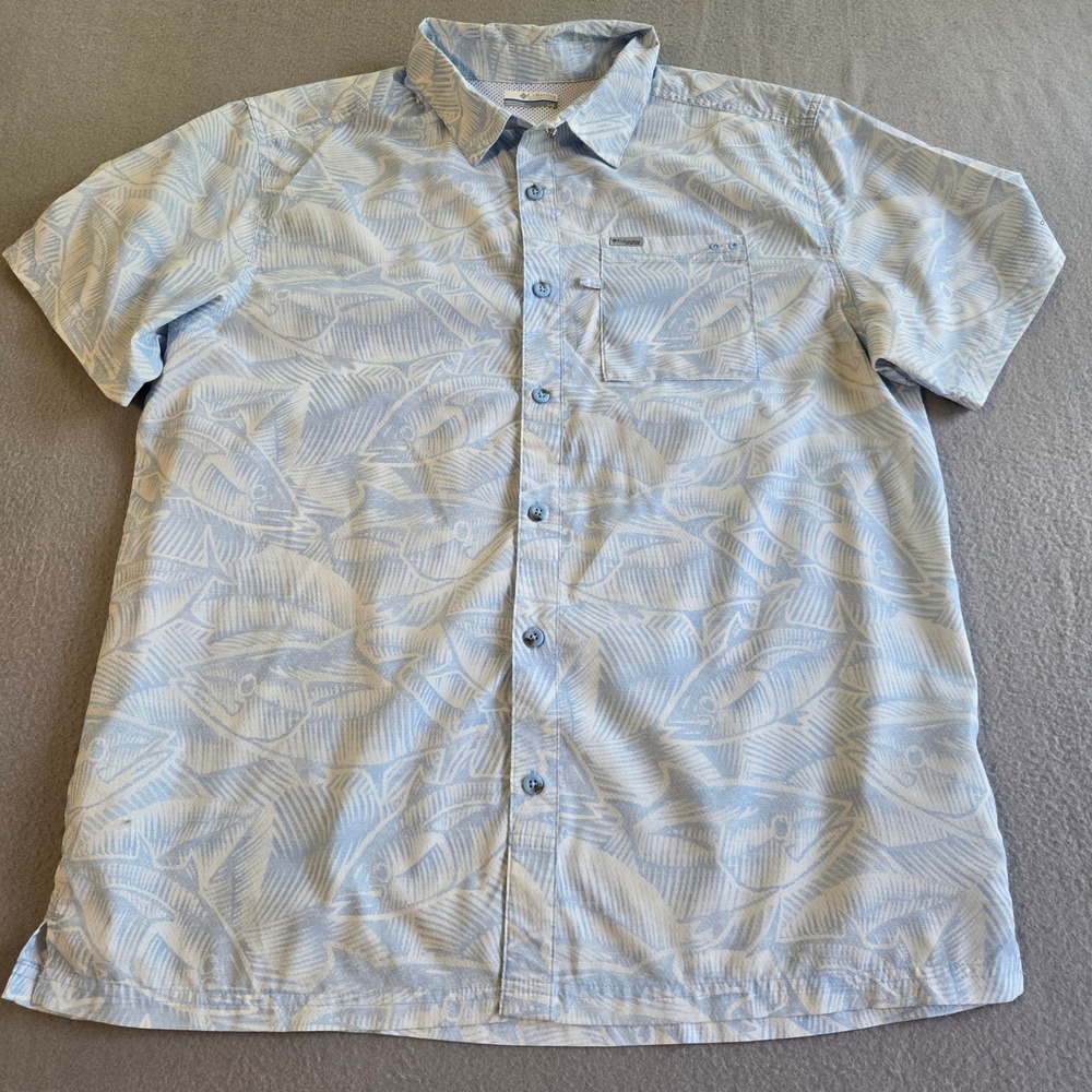 Columbia PFG Fishing Shirt Mens Large‎ Blue Fish Print Omni-Shade XM0693